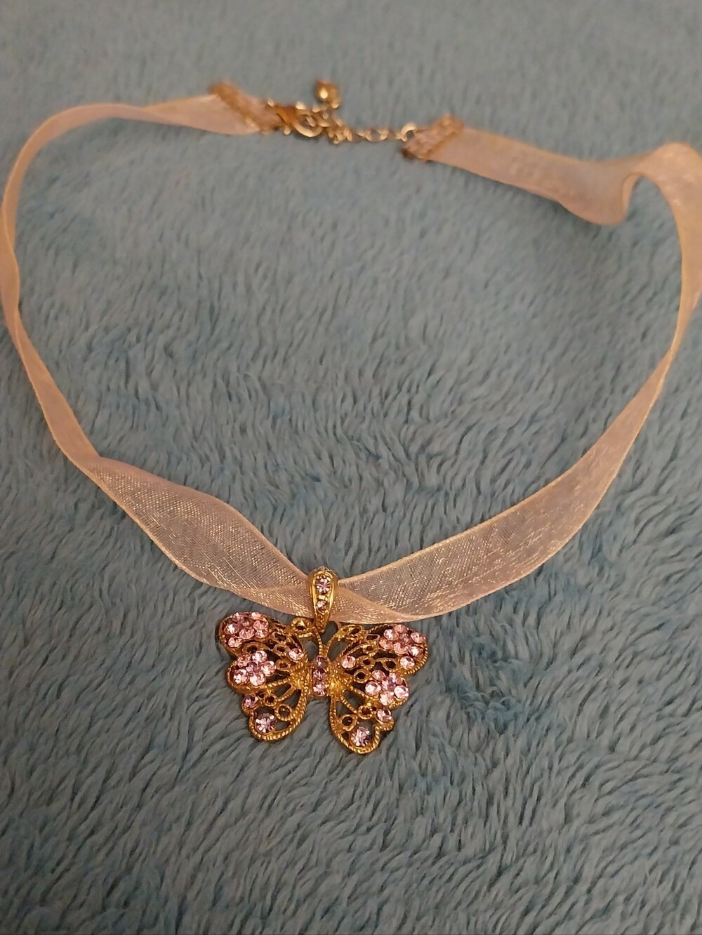 Gold Butterfly Pendant Choker Necklace with Pink Crystals